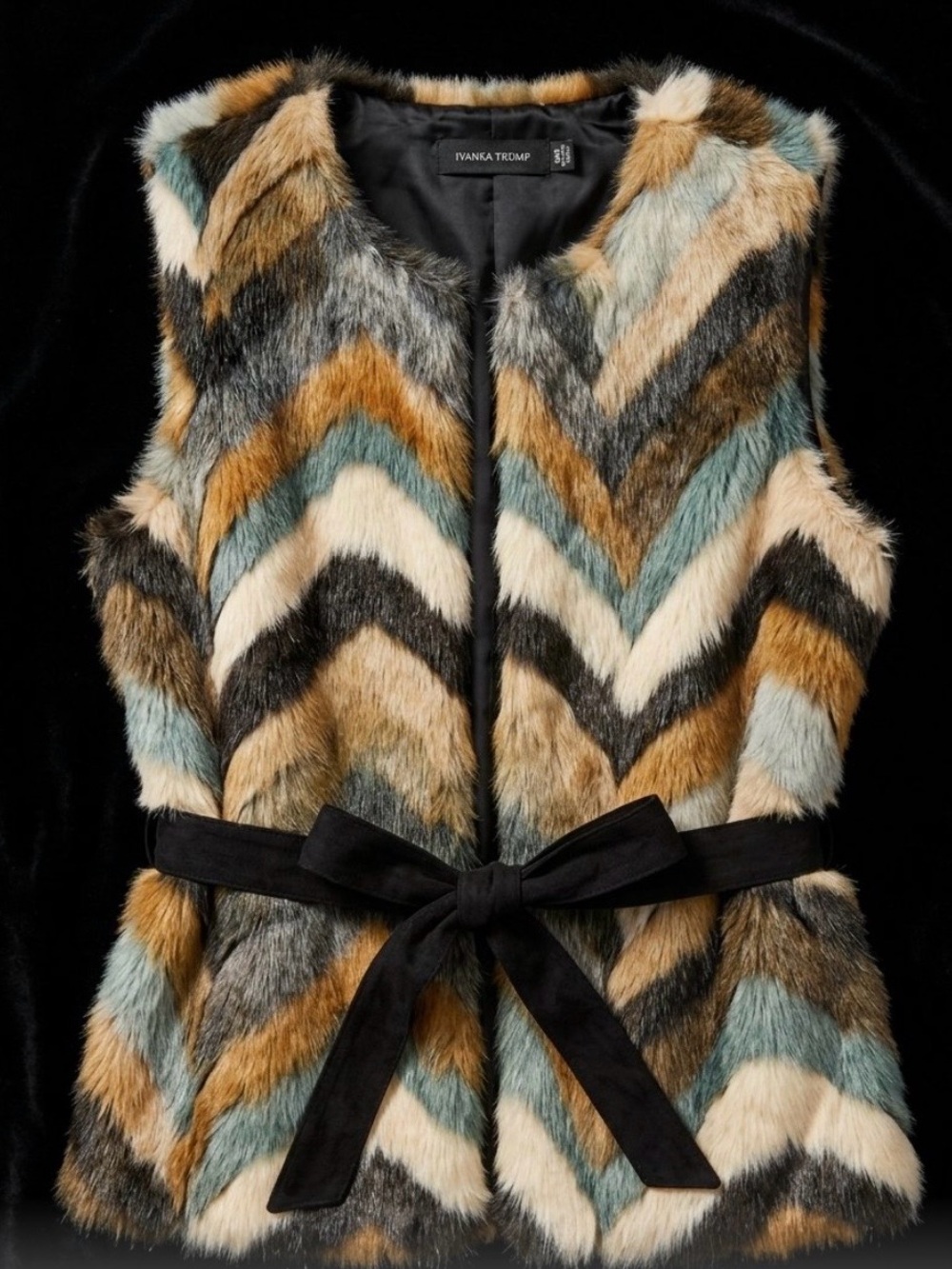 Ivanka Trump Multicolor Chevron Faux Fur Vest with Black Tie size M
